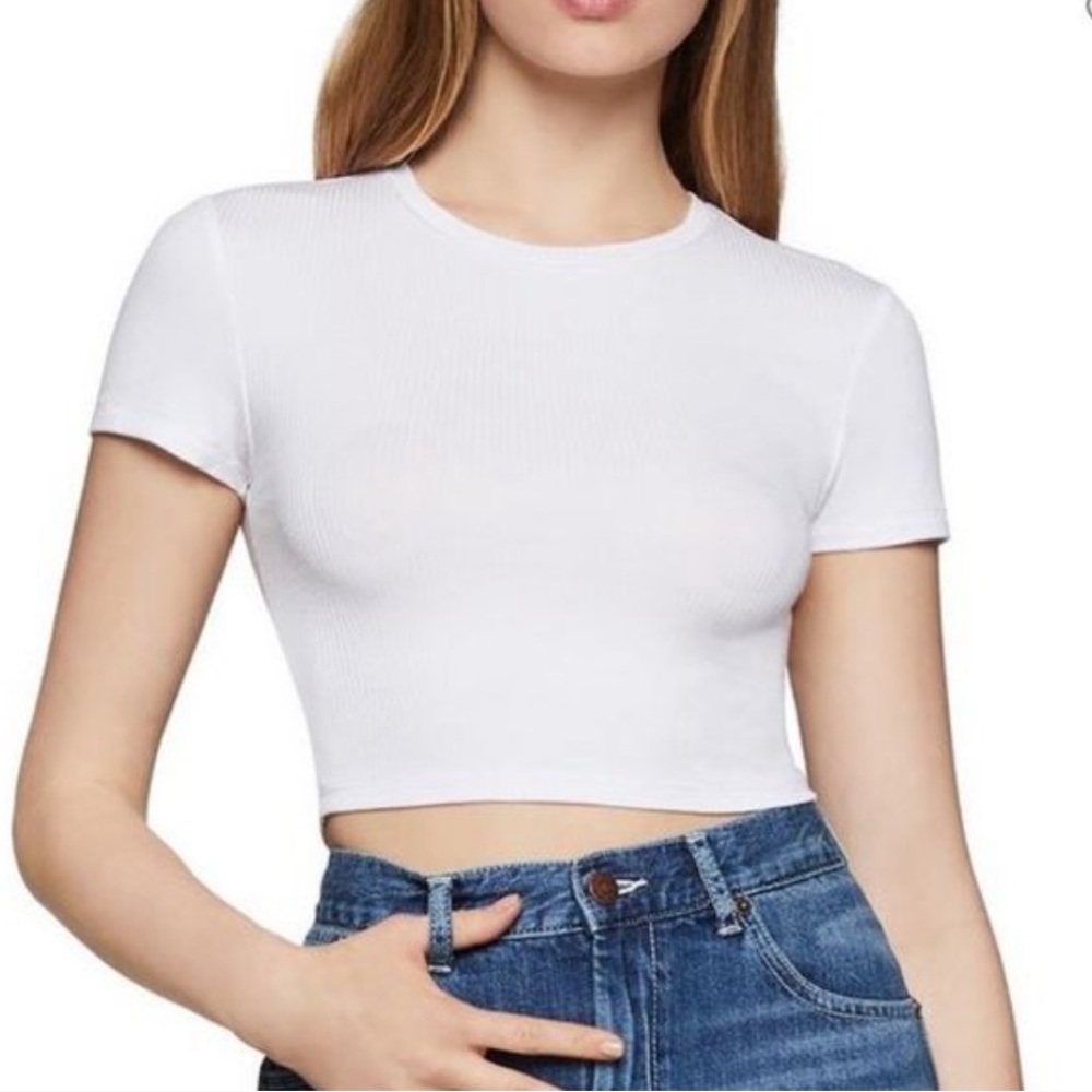 BCBGeneration Solid White Ribbed Crop T-Shirt, XXS